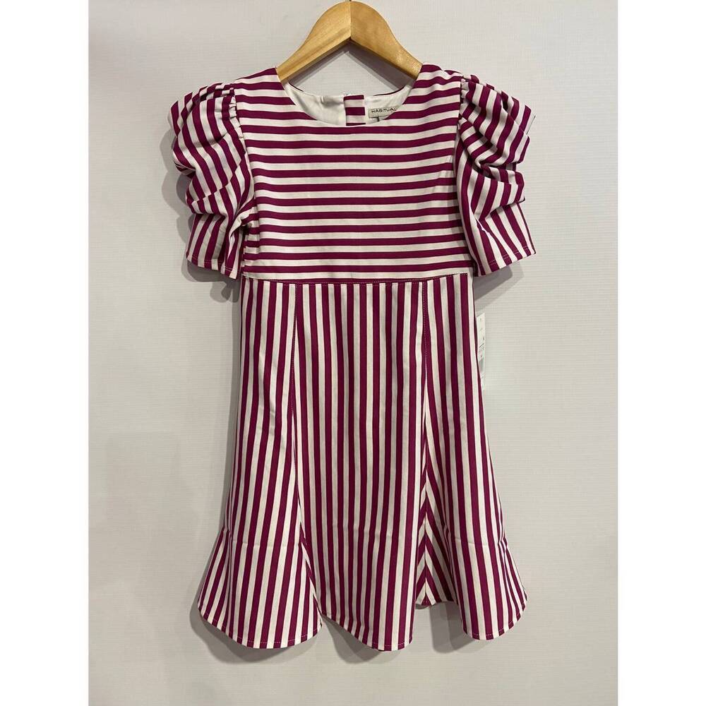 NEW HABITUAL KID girl's stripe puff sleeve dress in dark pink